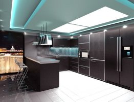 Продажа Черная п-образная кухня в стиле хай-тек с барной стойкой в каталоге Купить Черная п-образная кухня в стиле хай-тек с барной стойкой в каталоге
