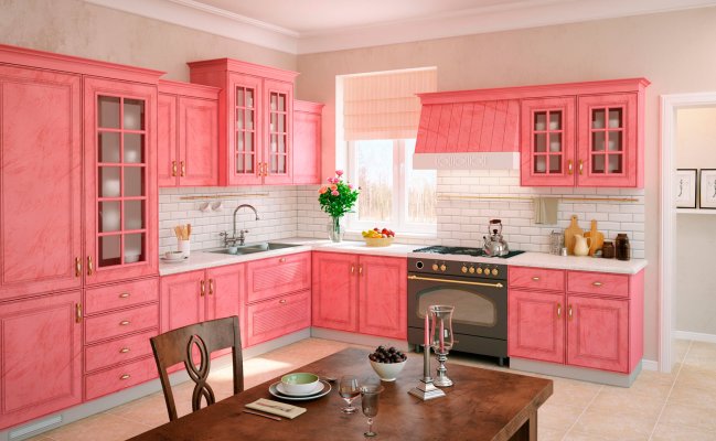 Угловая кухня с розовыми фасадами в ретро стиле