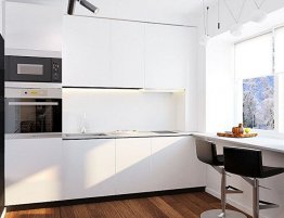 Купить Белая матовая кухня в стиле минимализм с барной стойкой у окна в каталоге Акриловые