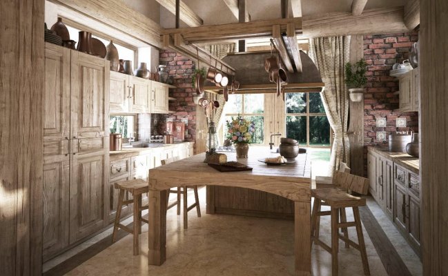 Кухня из дерева с обеденной зоной