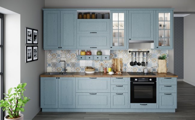 Прямая кухня в стиле кантри голубого цвета