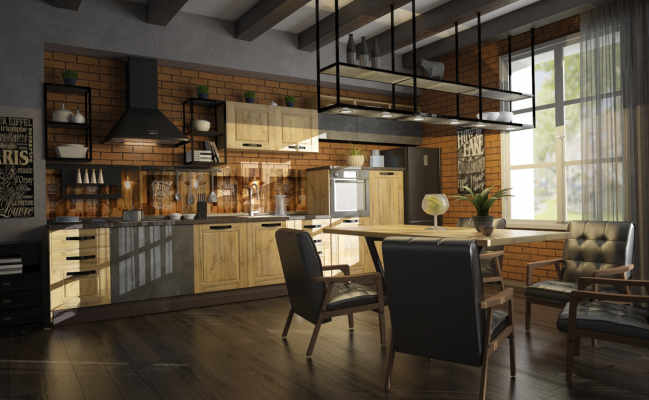 Прямая кухня в стиле лофт Дерево - Бетон