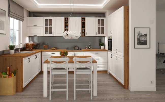 Кухня п-образная с столешницей под дерево