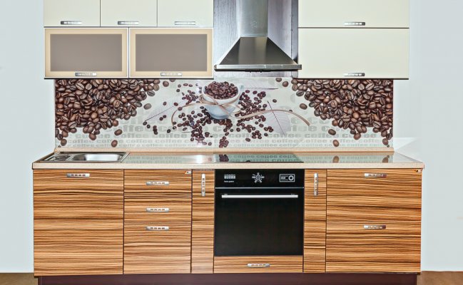 Маленькая прямая кухня с фотопечатью на фартуке