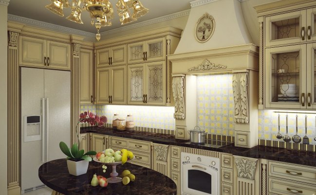 Кухня в стиле барокко с фасадами цвета слоновой кости