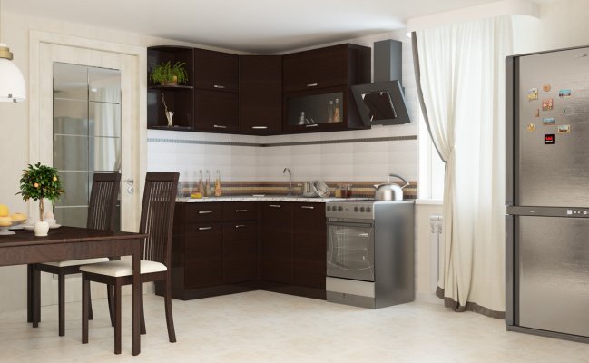 Небольшая угловая кухня венге с фартуком плиткой