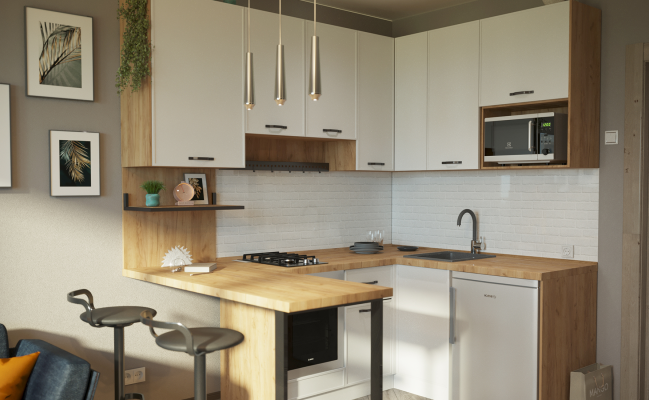 Светлая угловая кухня с барной стойкой