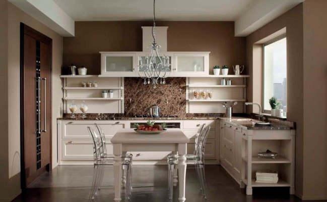 Угловая кухня с фартуком под мрамор