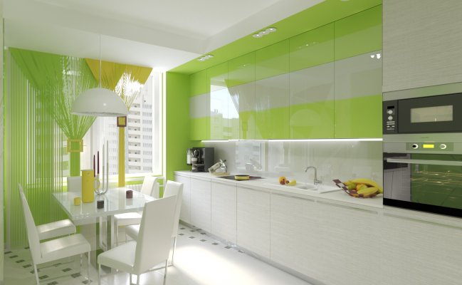 Кухня с глянцевыми фасадами в белом и светло-зеленом цвете