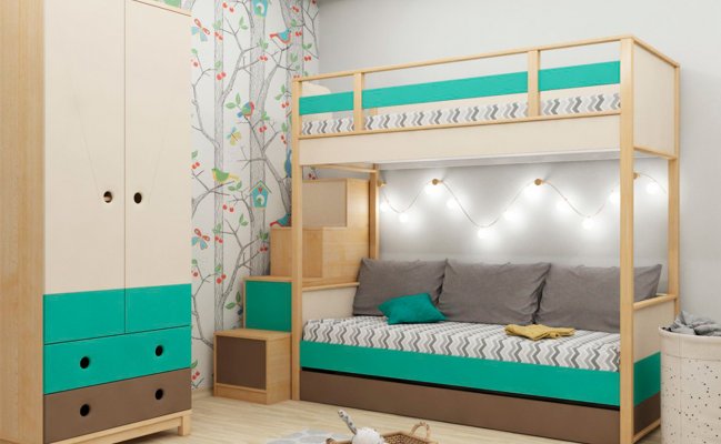 Шкаф для детской с бирюзовой и серой полосой