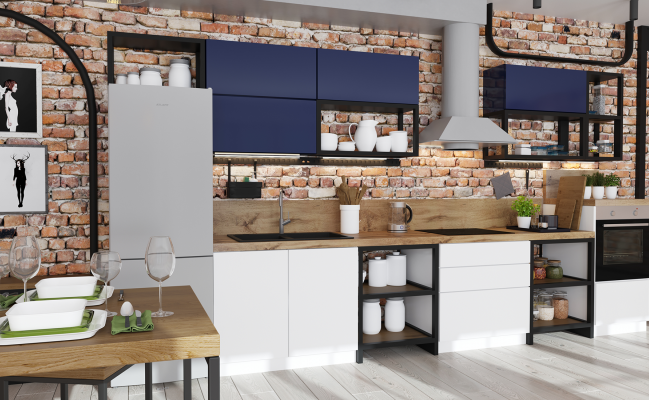 Прямая кухня в стиле лофт с акцентными навесными шкафами