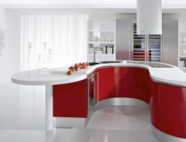 Купить Кухня с радиусными фасадами у острова и закругленной барной стойкой в каталоге Акриловые