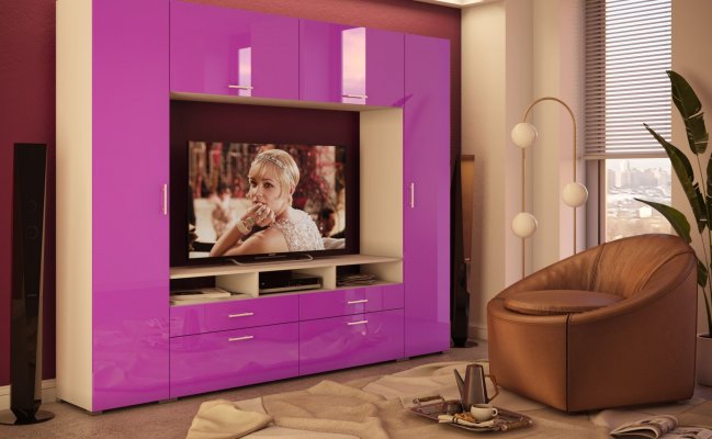 Шкаф-стенка для гостиной с сиреневыми фасадами