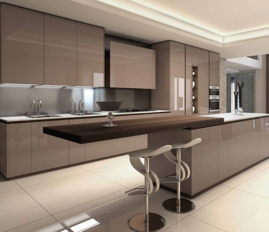 Прямая кухня с глянцевыми фасадами и островом совмещенным с барной стойкой