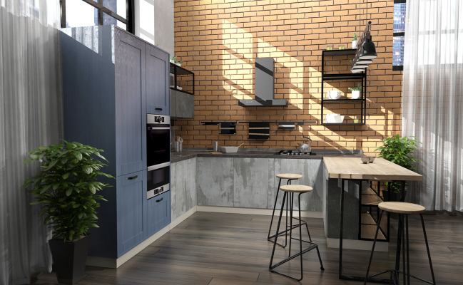 Серо-голубая П-образная кухня в стиле лофт