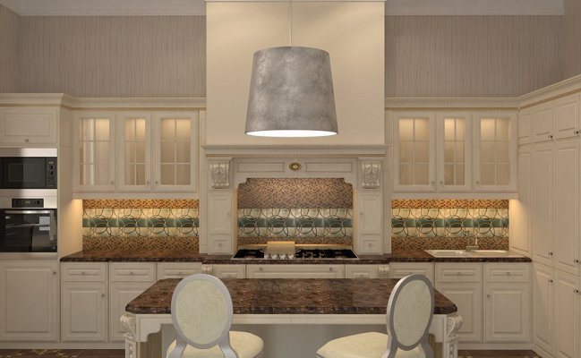Кухня с фартуком плиткой и имитацией дымохода