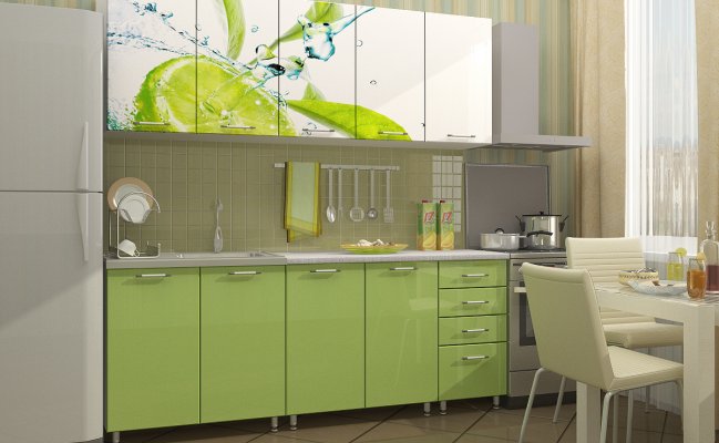 Прямая кухня зеленого цвета с фотопечатью
