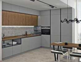 Продажа Серая угловая кухня с деревянными вставками в каталоге Купить Серая угловая кухня с деревянными вставками в каталоге