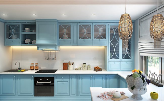 Угловая кухня в голубом цвете