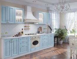 Продажа Небольшая прямая кухня с деревянными фасадами в голубом цвете в каталоге Купить Небольшая прямая кухня с деревянными фасадами в голубом цвете в каталоге
