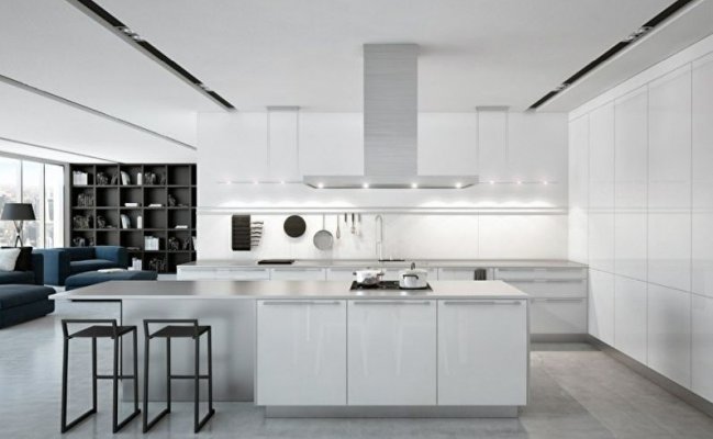 Белая глянцевая кухня хай-тек с большим островом