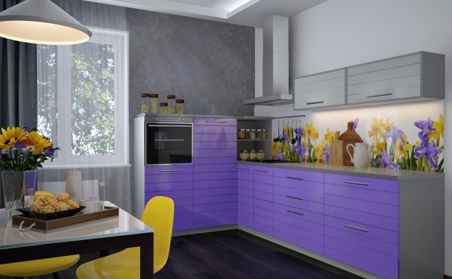 Небольшая угловая кухня с фотопечатью на фартуке