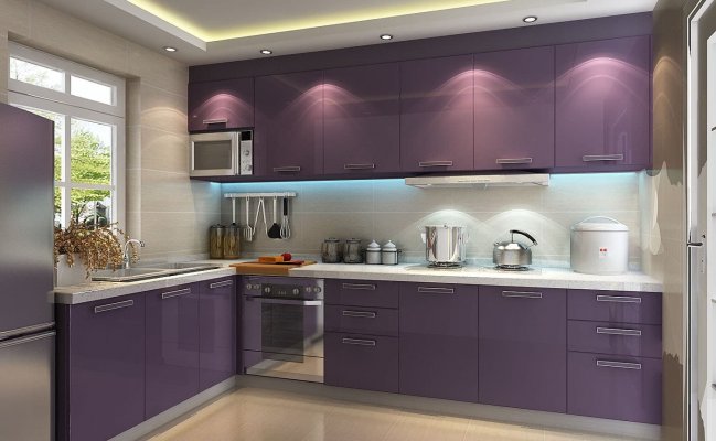 Угловая кухня с сиреневыми глянцевыми фасадами