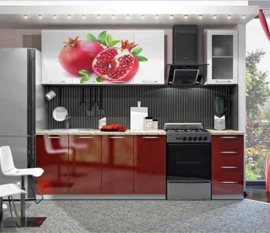 Прямая кухня с фотопечатью на фасадах бордового цвета