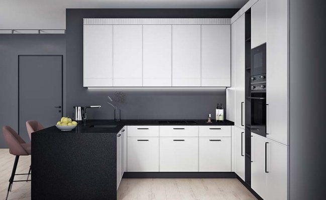 Угловая кухня белого цвета с барной стойкой 