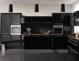 Продажа Глянцевая угловая кухня с деревянной столешницей в каталоге Купить Глянцевая угловая кухня с деревянной столешницей в каталоге