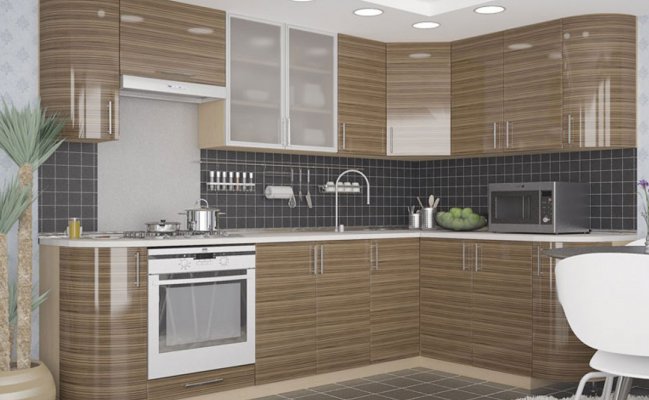 Угловая глянцевая кухня с темным фартуком