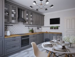 Продажа Угловая кухня с серыми фасадами и деревянной столешницей в каталоге Купить Угловая кухня с серыми фасадами и деревянной столешницей в каталоге