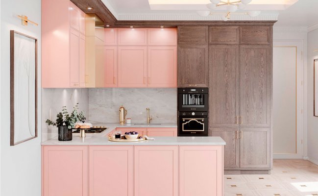 Угловая кухня в розовом цвете