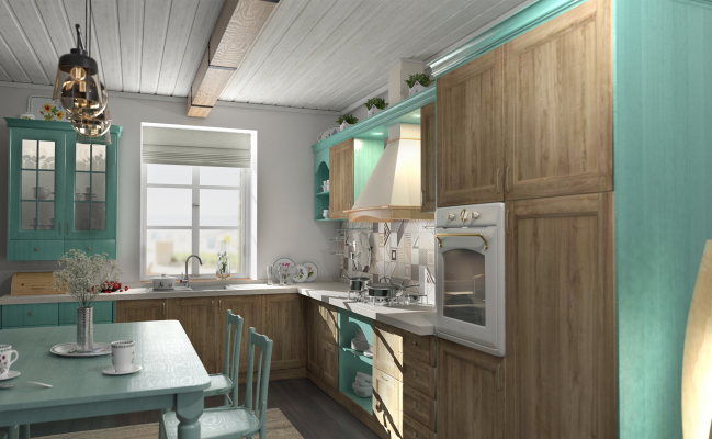 Угловая кухня в стиле кантри бирюзового цвета