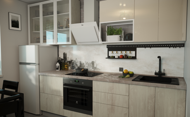 Светлая прямая кухня с фотопечатью на фартуке