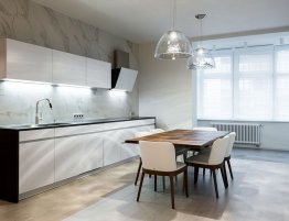 Продажа Прямая белая кухня с черной столешницей в стиле минимализм  в каталоге Купить Прямая белая кухня с черной столешницей в стиле минимализм  в каталоге
