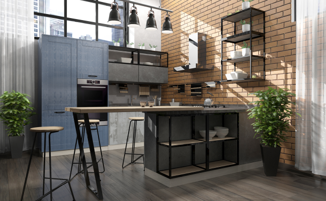 Серо-голубая П-образная кухня в стиле лофт