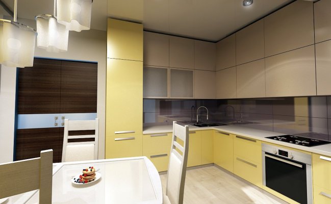 Угловая кухня в желто-бежевых цветах