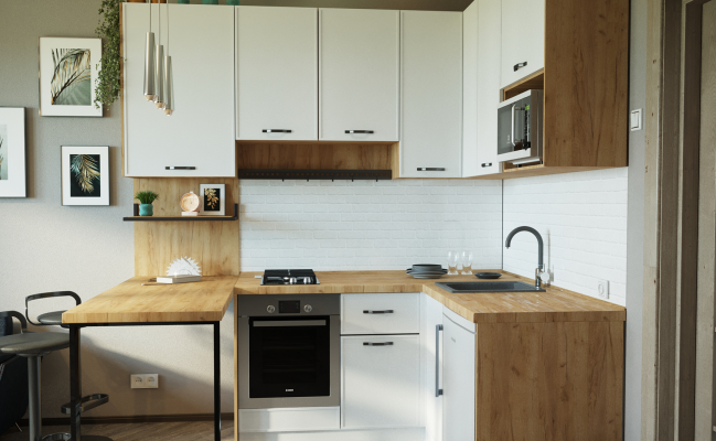 Светлая угловая кухня с барной стойкой