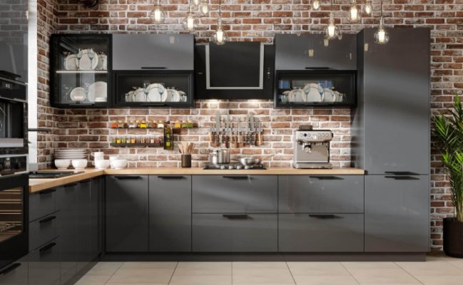 Угловая кухня темного цвета в стиле лофт 