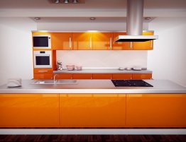 Купить Кухня с оранжевыми фасадами и большим островом в каталоге Из пвх