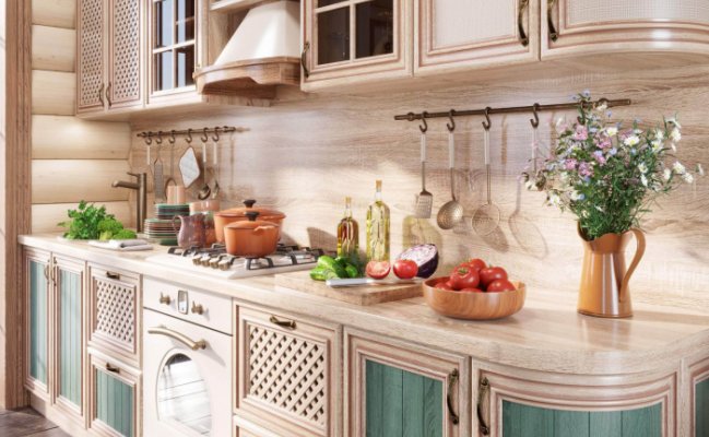 Небольшая кухня в стиле кантри с акцентными фасадами