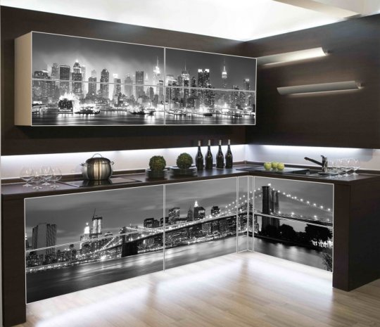 Небольшая угловая кухня с фотопечатью на нижних и верхних фасадах