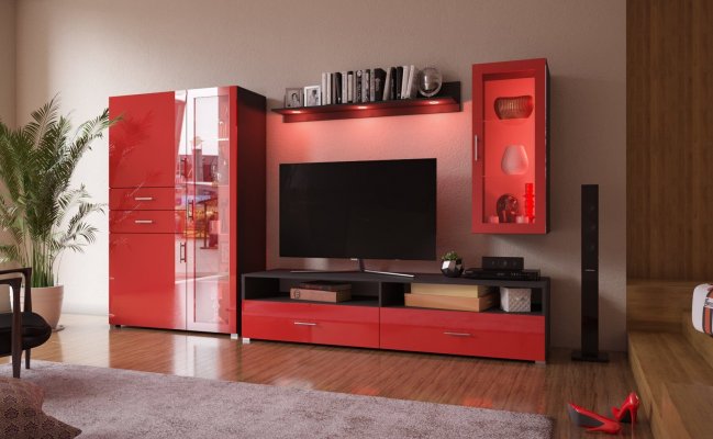 Шкаф красный с ящиками и витриной