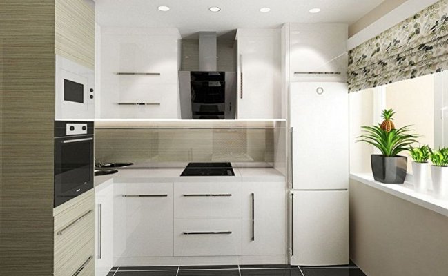 Угловая белая кухня в стиле минимализм с деревянным шкафом-пеналом 