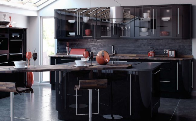 Глянцевая прямая кухня с островом и барной стойкой