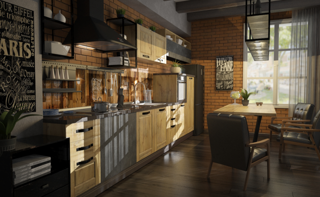 Прямая кухня в стиле лофт Дерево - Бетон