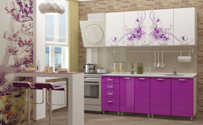 Прямая сиреневая кухня с барной стойкой