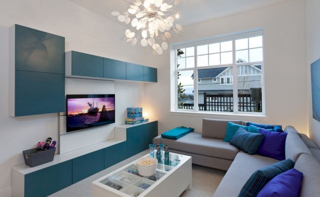Модульные шкафы для гостиной с бирюзовыми фасадами
