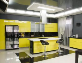 Купить Прямая ярко-жёлтая кухня в стиле хай-тек с островом в каталоге Акриловые